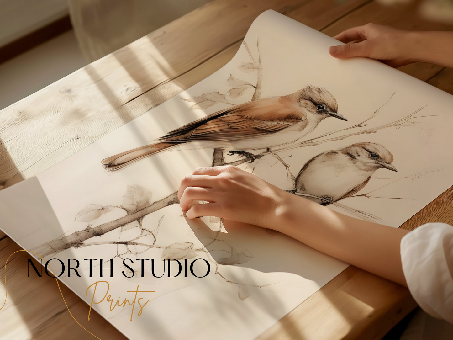 Premium Poster of Beautiful Birds on Delicate Branch Illustration Posters