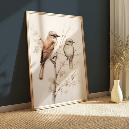Premium Poster of Beautiful Birds on Delicate Branch Illustration Posters