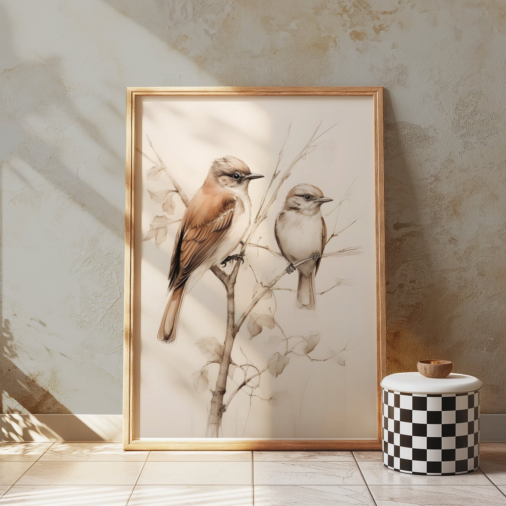 Premium Poster of Beautiful Birds on Delicate Branch Illustration Posters