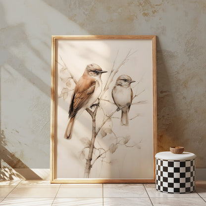 Premium Poster of Beautiful Birds on Delicate Branch Illustration Posters