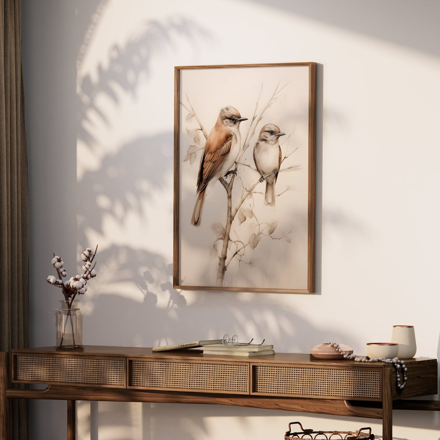Premium Poster of Beautiful Birds on Delicate Branch Illustration Posters
