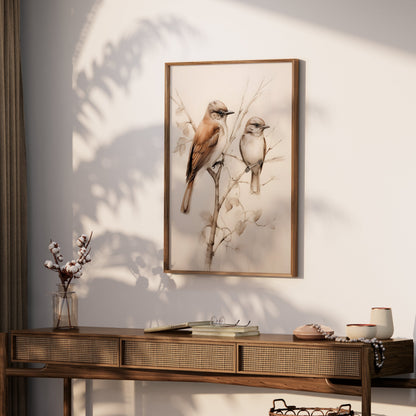 Premium Poster of Beautiful Birds on Delicate Branch Illustration Posters