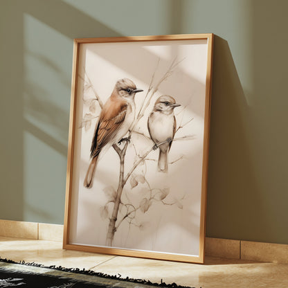 Premium Poster of Beautiful Birds on Delicate Branch Illustration Posters