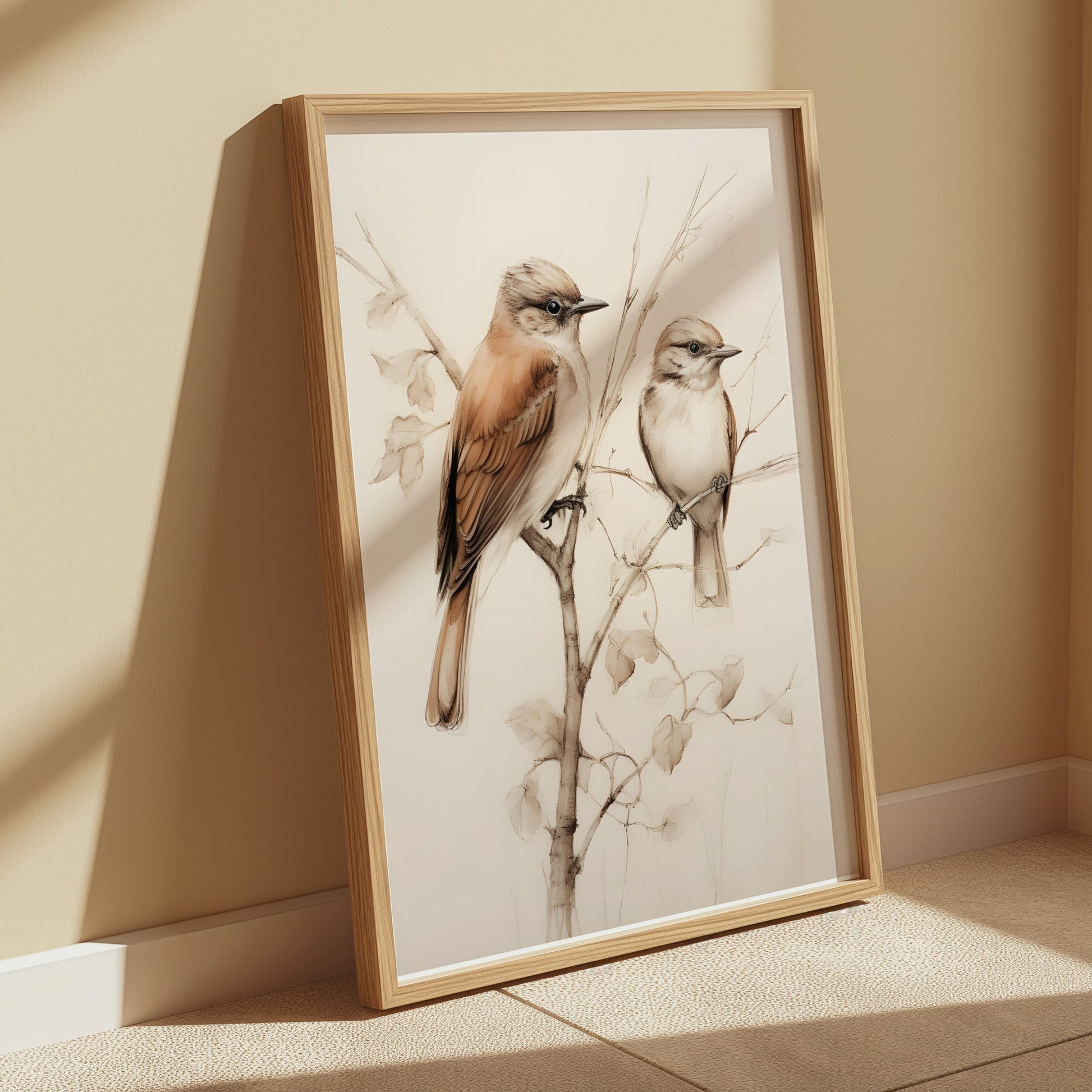 Premium Poster of Beautiful Birds on Delicate Branch Illustration Posters