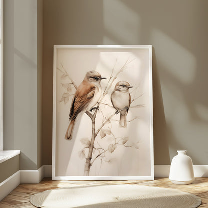 Premium Poster of Beautiful Birds on Delicate Branch Illustration Posters