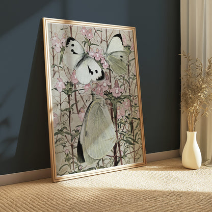 Premium Poster of Beautiful Butterflies on Flowers Illustration Posters