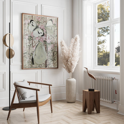 Premium Poster of Beautiful Butterflies on Flowers Illustration Posters