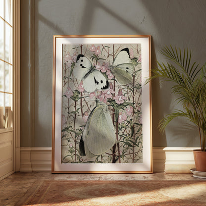 Premium Poster of Beautiful Butterflies on Flowers Illustration Posters