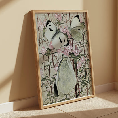 Premium Poster of Beautiful Butterflies on Flowers Illustration Posters