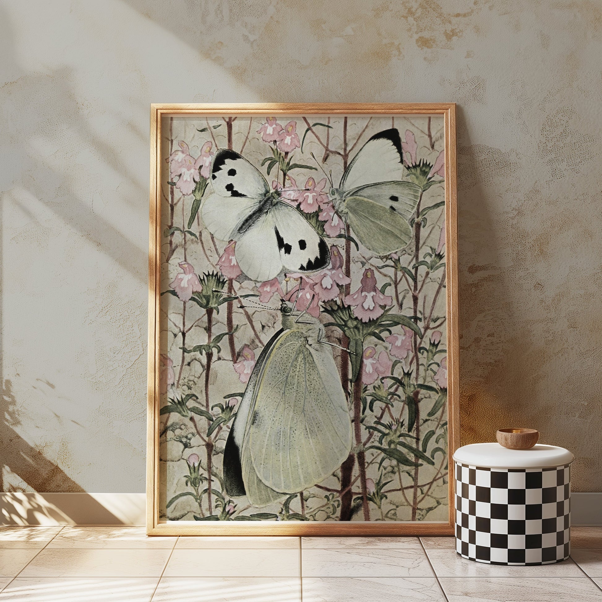 Premium Poster of Beautiful Butterflies on Flowers Illustration Posters