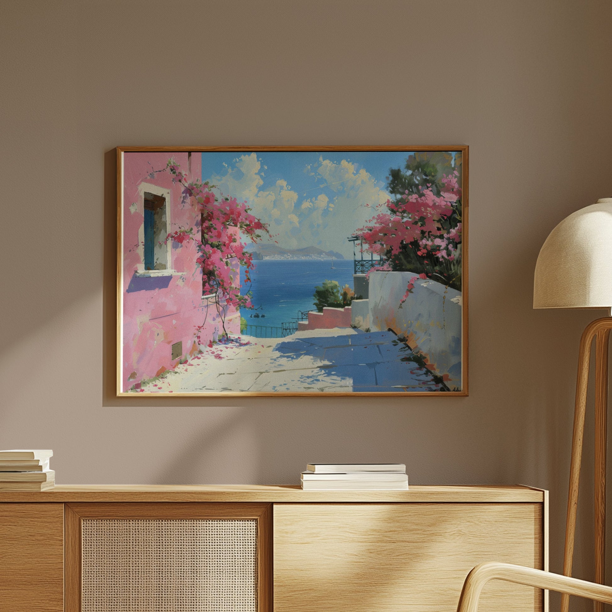Premium Poster of Beautiful Coastal Scene with Pink Flowers Art Print Posters
