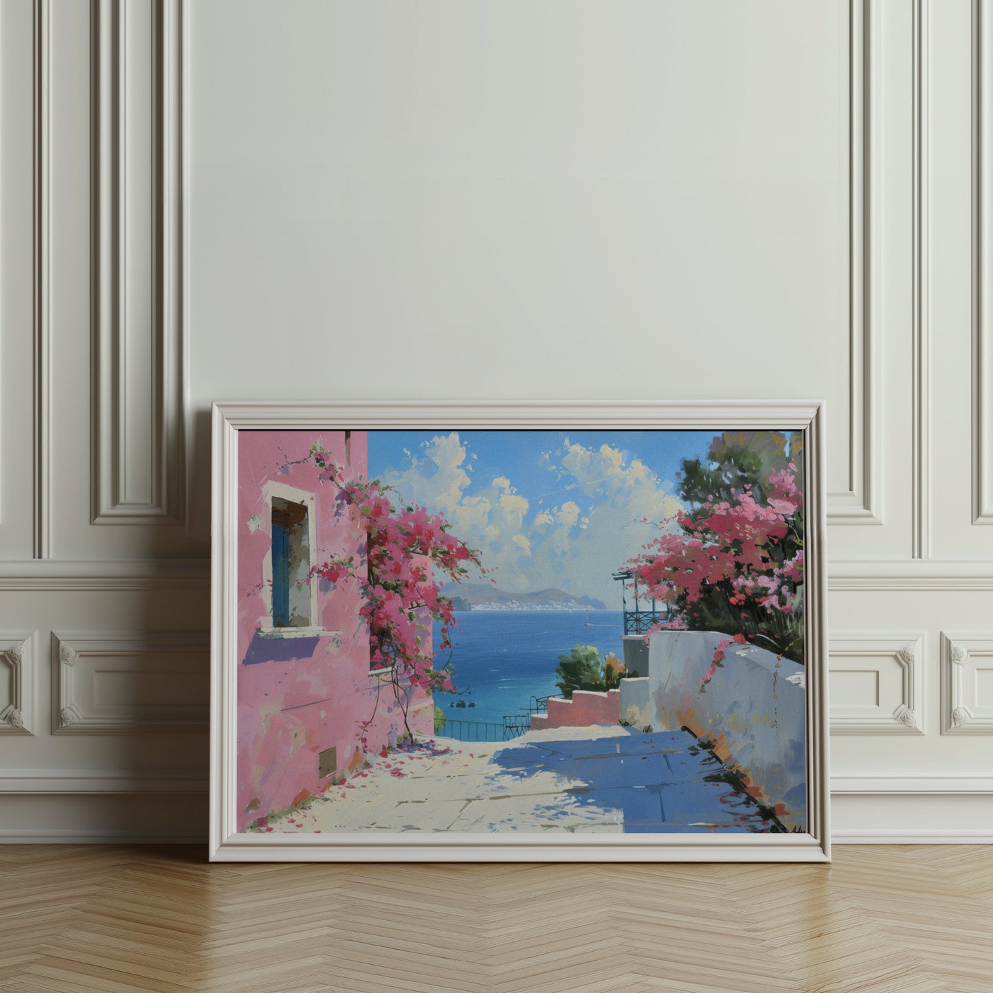 Premium Poster of Beautiful Coastal Scene with Pink Flowers Art Print Posters