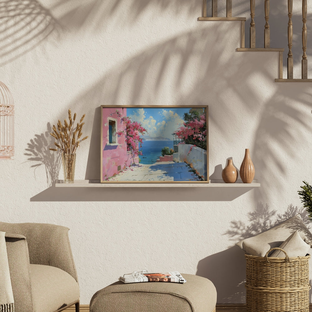 Premium Poster of Beautiful Coastal Scene with Pink Flowers Art Print Posters