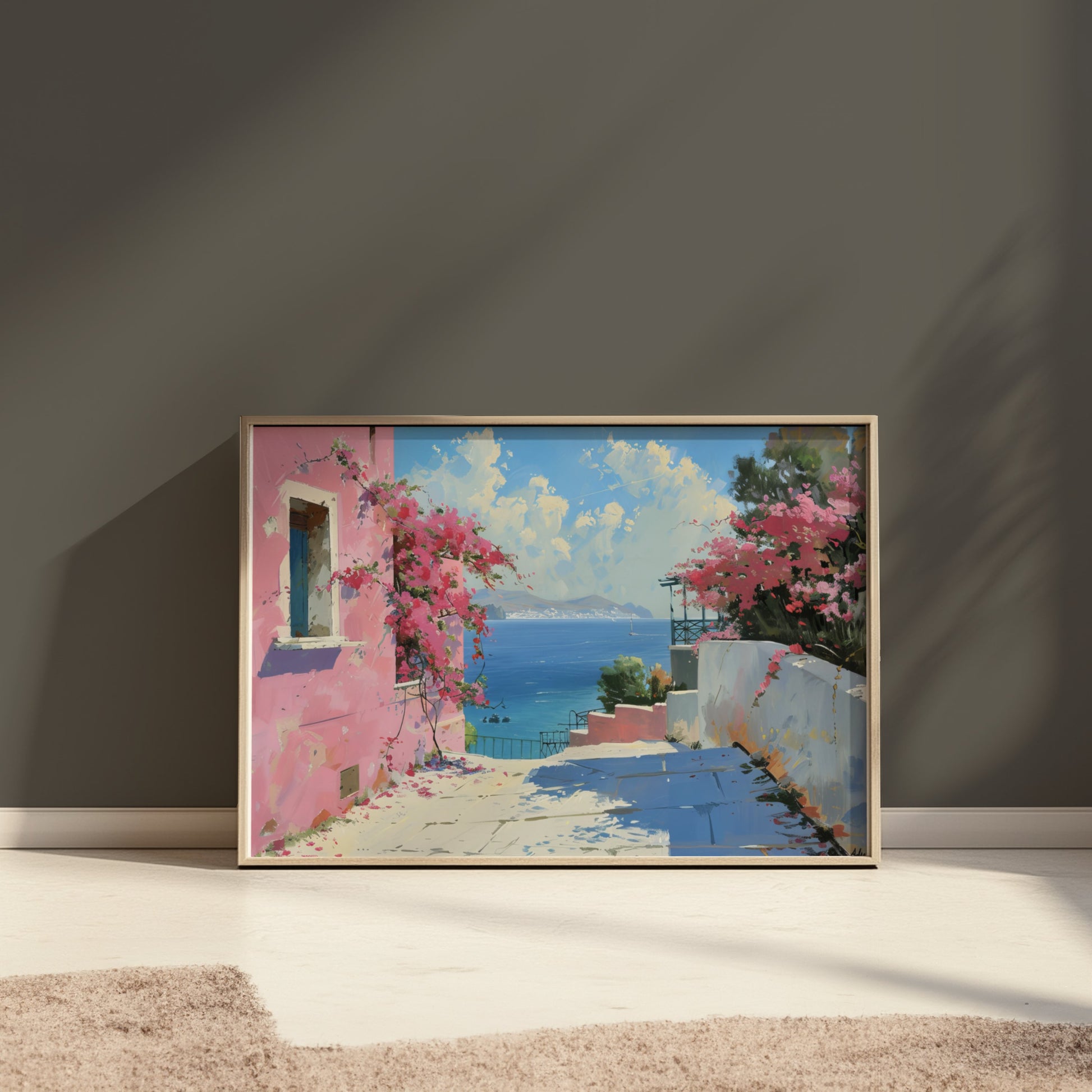 Premium Poster of Beautiful Coastal Scene with Pink Flowers Art Print Posters