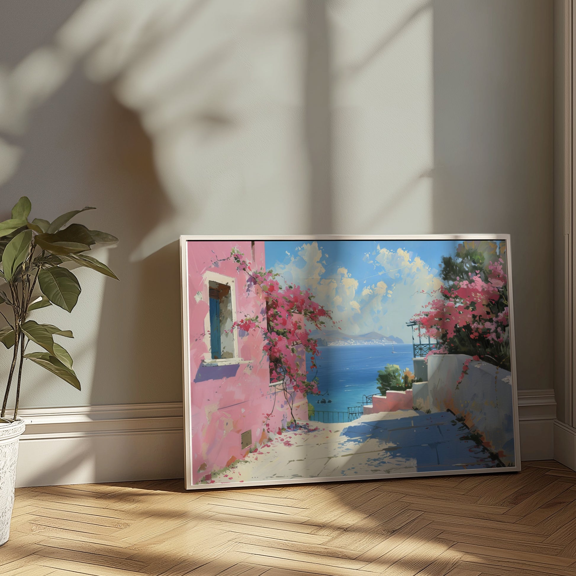 Premium Poster of Beautiful Coastal Scene with Pink Flowers Art Print Posters