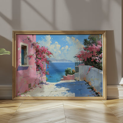 Premium Poster of Beautiful Coastal Scene with Pink Flowers Art Print Posters