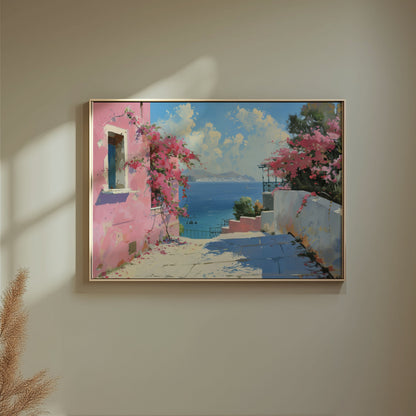 Premium Poster of Beautiful Coastal Scene with Pink Flowers Art Print Posters