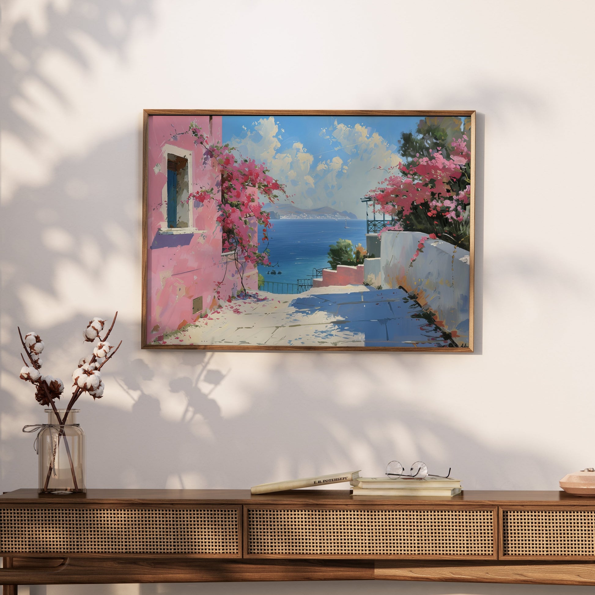 Premium Poster of Beautiful Coastal Scene with Pink Flowers Art Print Posters