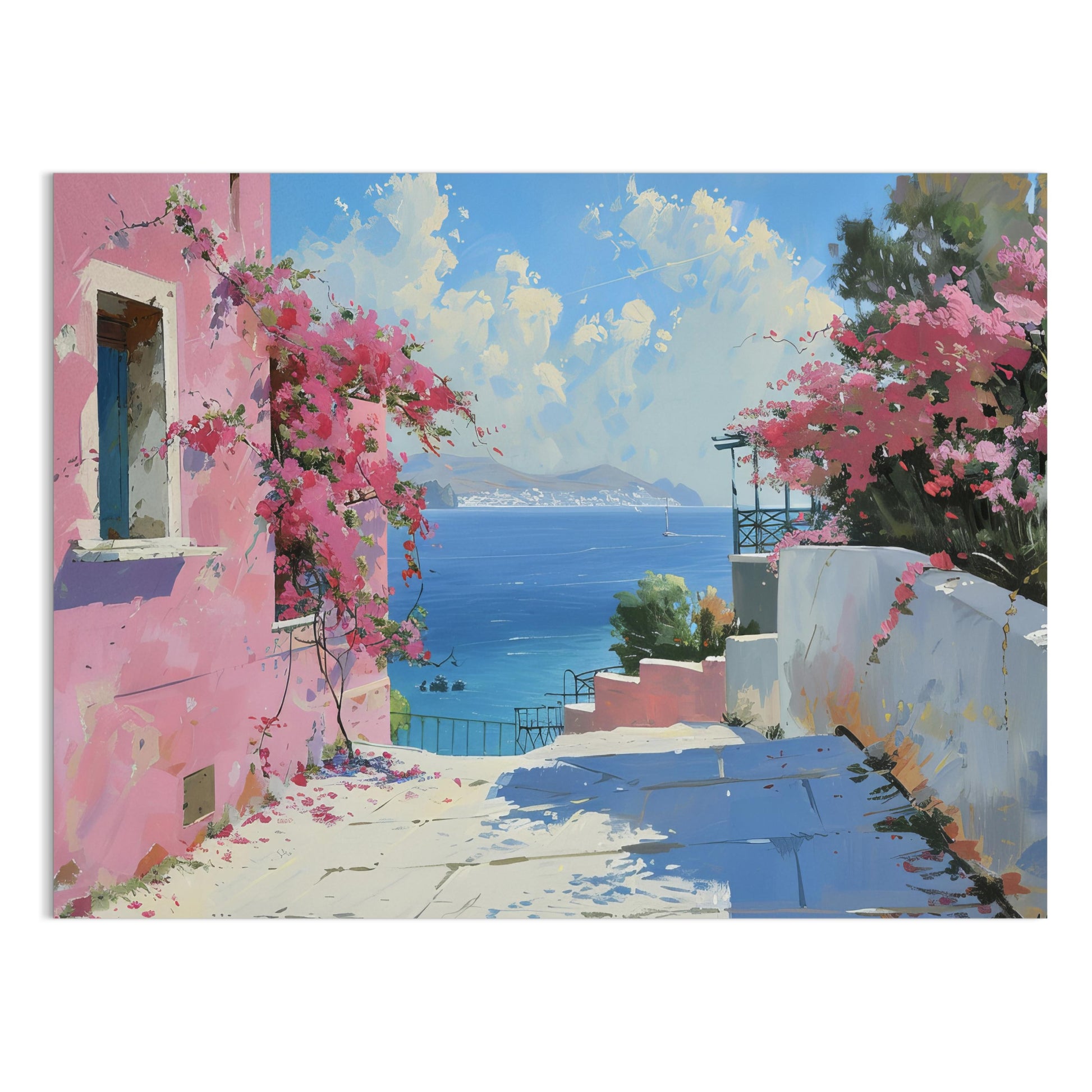 Premium Poster of Beautiful Coastal Scene with Pink Flowers Art Print Posters