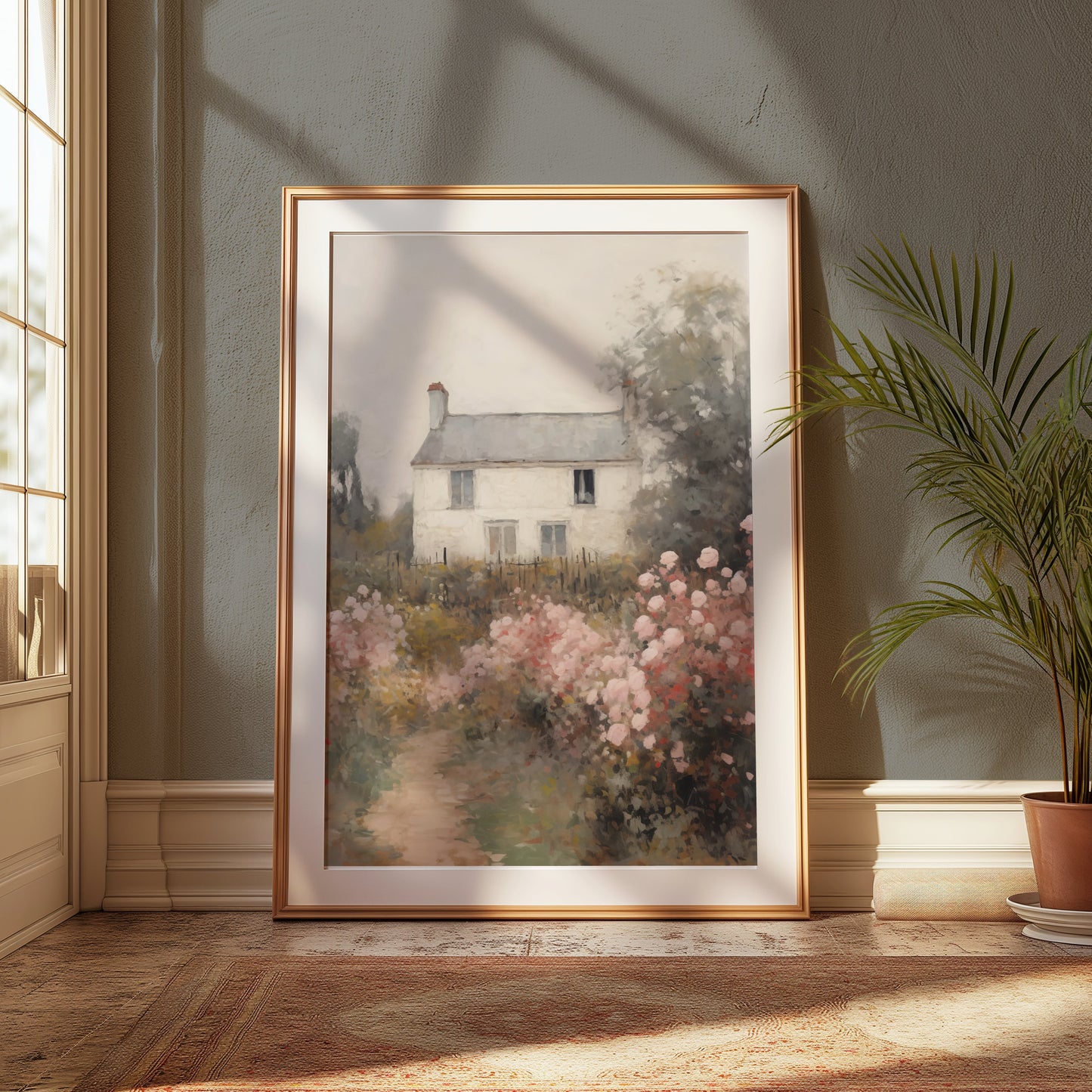 Premium Poster of Beautiful Cottage with Pink Flowers Landscape Posters
