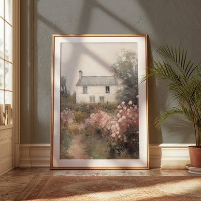 Premium Poster of Beautiful Cottage with Pink Flowers Landscape Posters