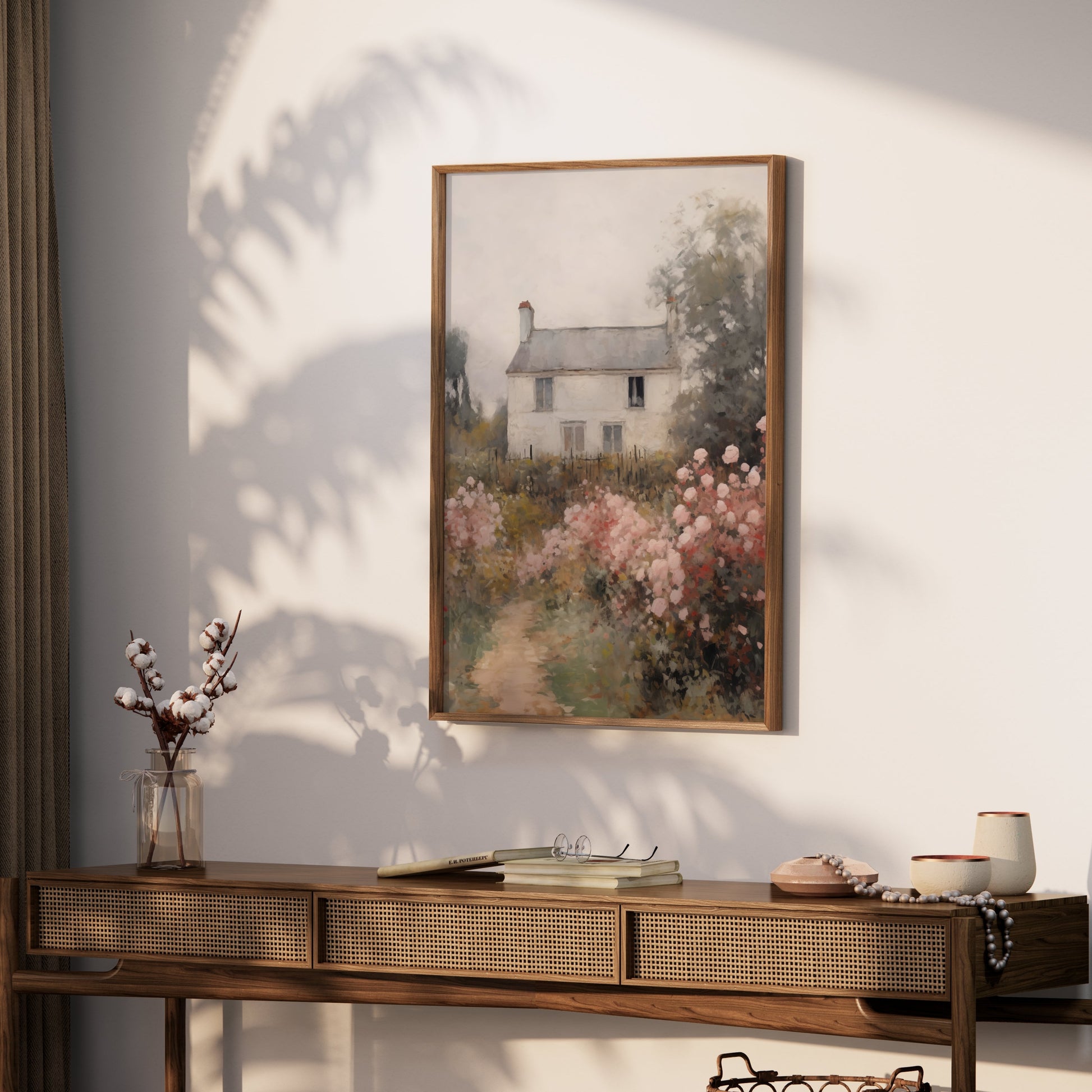 Premium Poster of Beautiful Cottage with Pink Flowers Landscape Posters