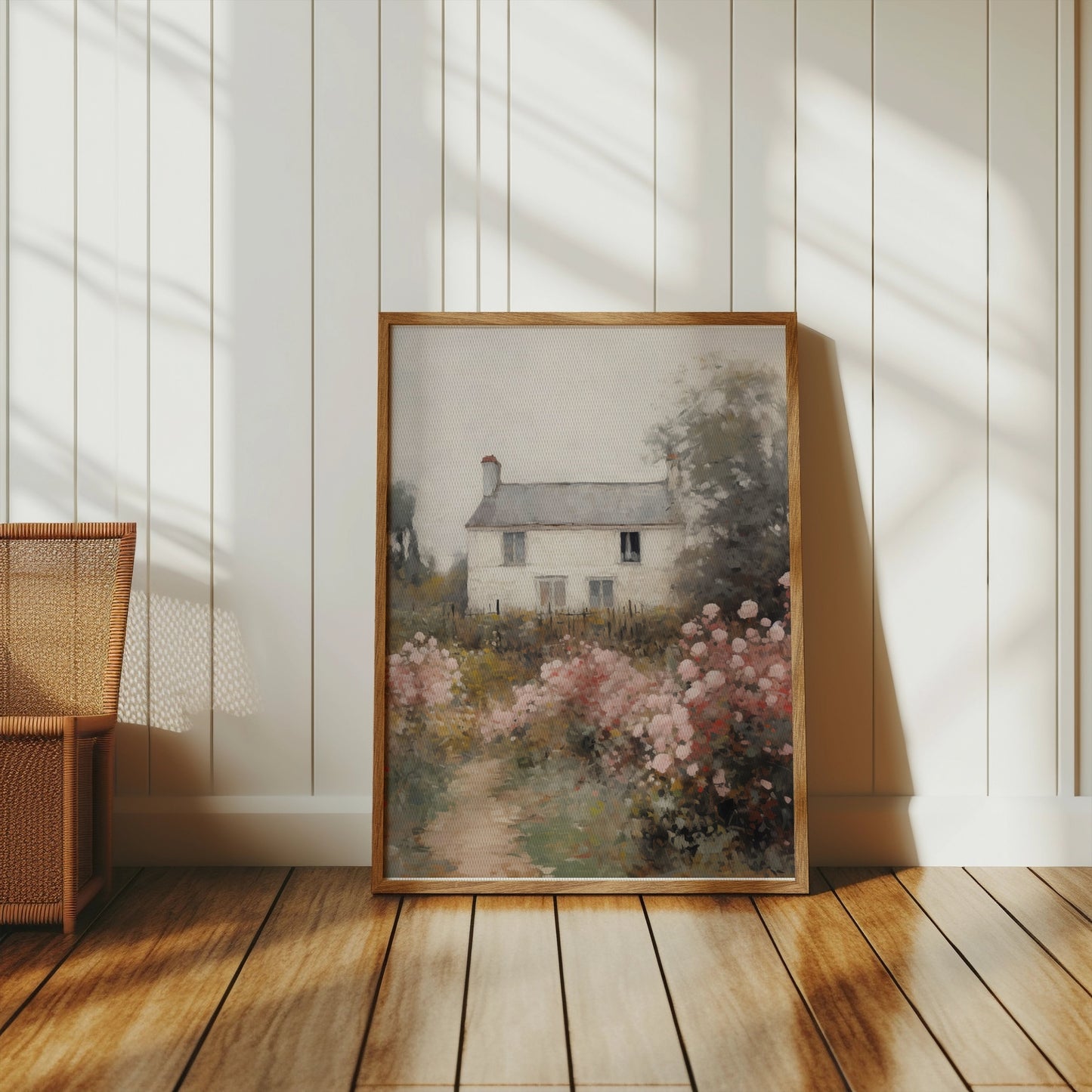 Premium Poster of Beautiful Cottage with Pink Flowers Landscape Posters