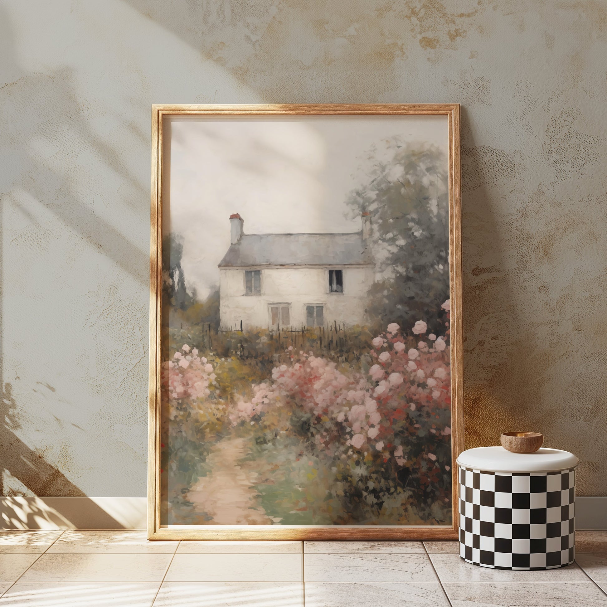Premium Poster of Beautiful Cottage with Pink Flowers Landscape Posters