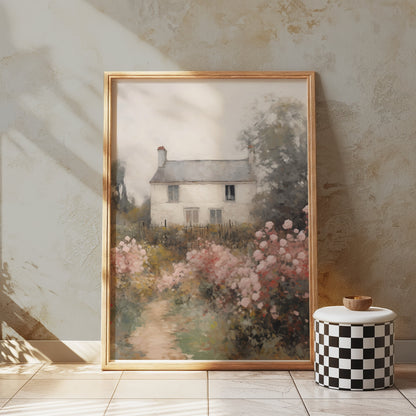 Premium Poster of Beautiful Cottage with Pink Flowers Landscape Posters