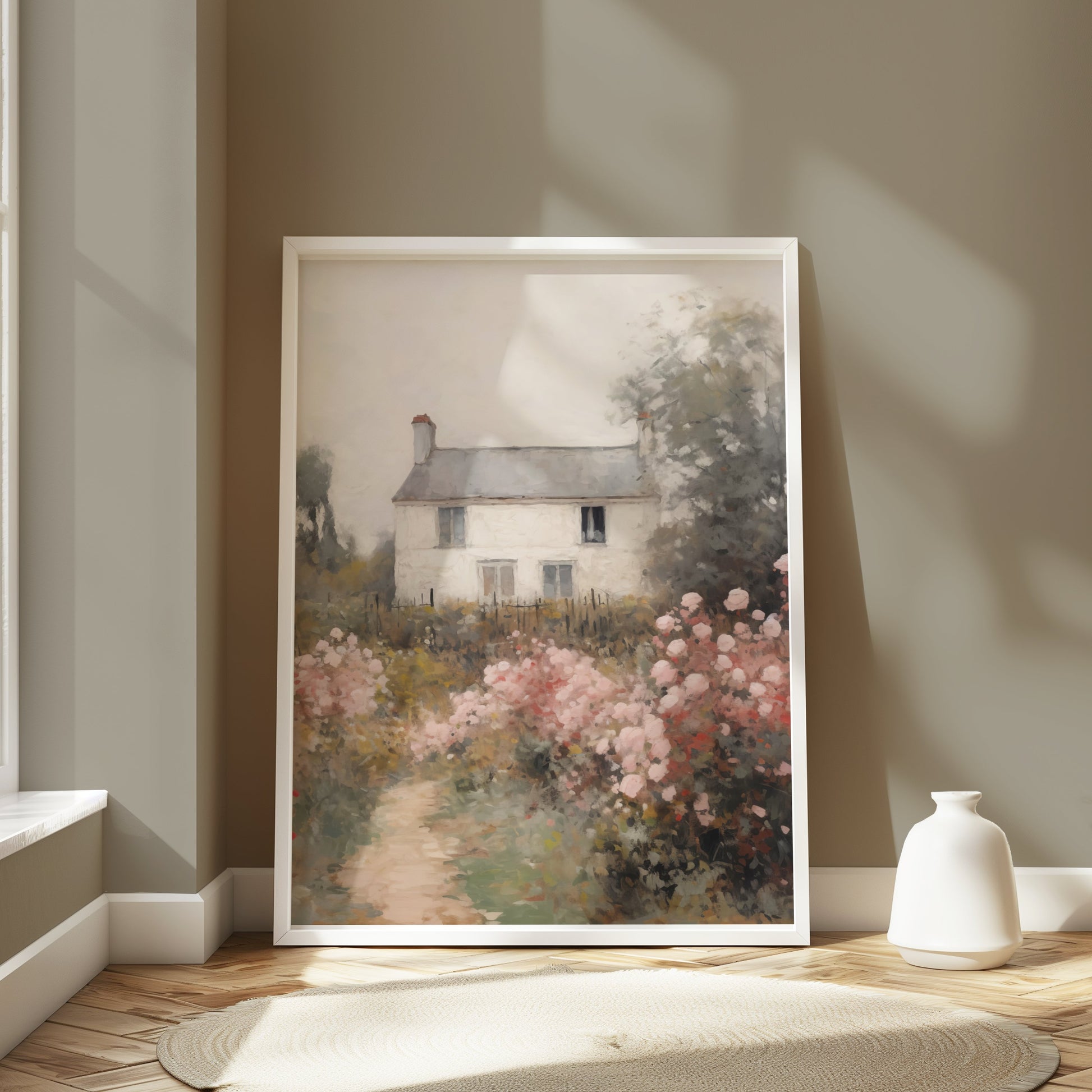 Premium Poster of Beautiful Cottage with Pink Flowers Landscape Posters