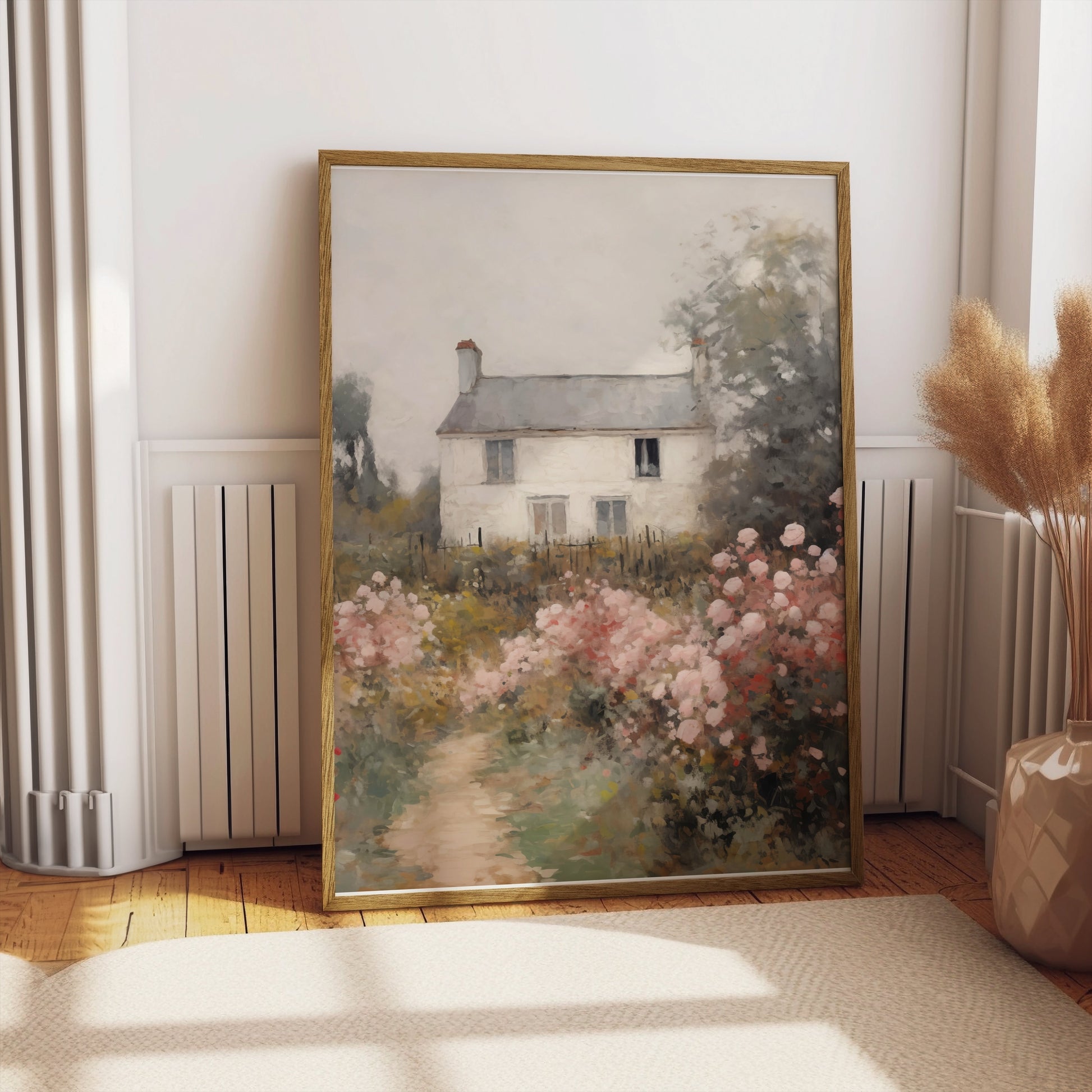 Premium Poster of Beautiful Cottage with Pink Flowers Landscape Posters