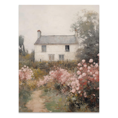 Premium Poster of Beautiful Cottage with Pink Flowers Landscape Posters