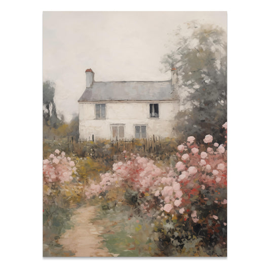 Premium Poster of Beautiful Cottage with Pink Flowers Landscape Posters