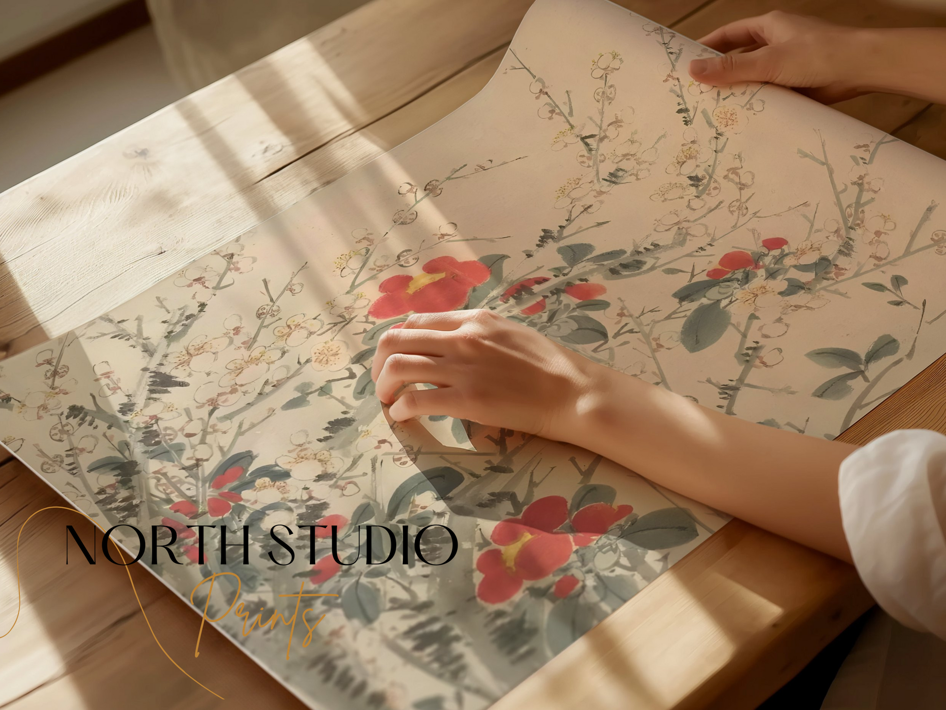 Premium Poster of Beautiful Floral Artwork with Red and White Blooms Posters