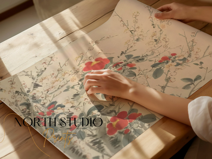 Premium Poster of Beautiful Floral Artwork with Red and White Blooms Posters