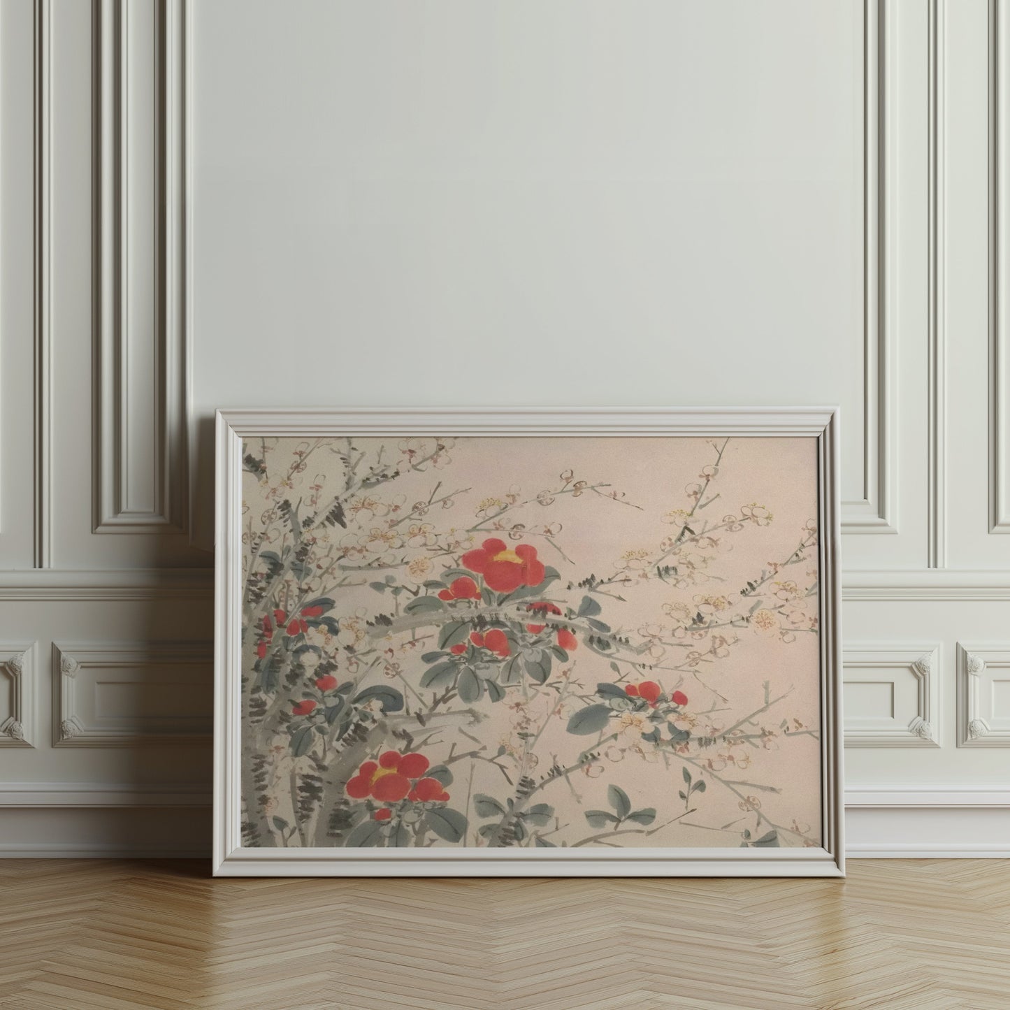 Premium Poster of Beautiful Floral Artwork with Red and White Blooms Posters