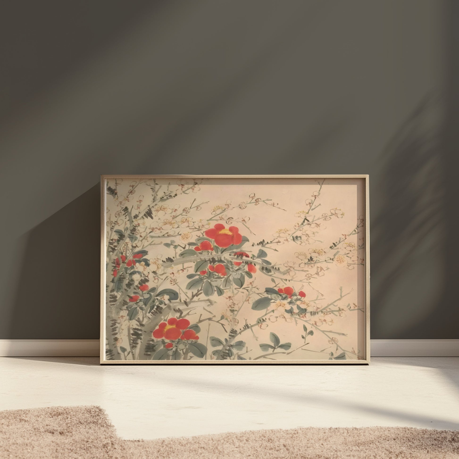 Premium Poster of Beautiful Floral Artwork with Red and White Blooms Posters