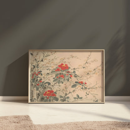 Premium Poster of Beautiful Floral Artwork with Red and White Blooms Posters