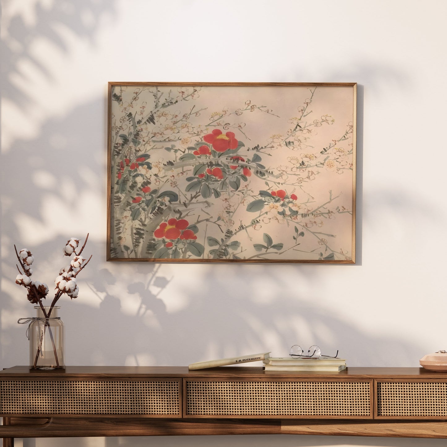 Premium Poster of Beautiful Floral Artwork with Red and White Blooms Posters