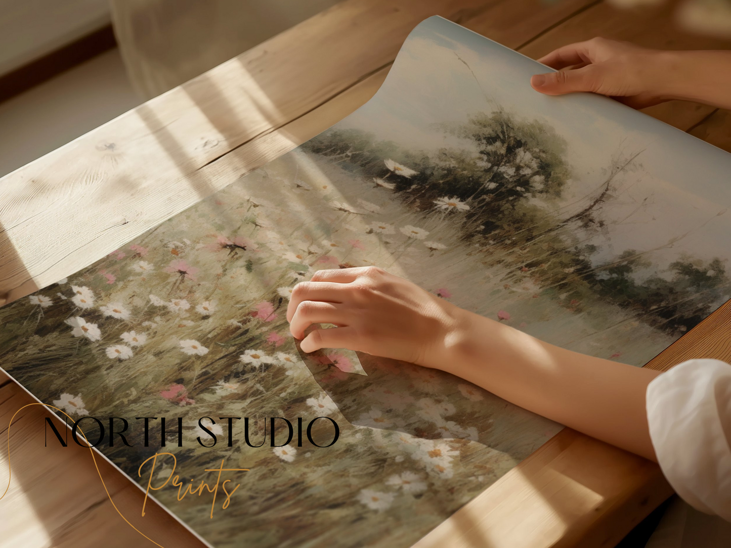 Premium Poster of Beautiful Floral Landscape with Field and Trees Posters