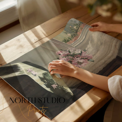 Premium Poster of Beautiful Flower Vase on Table with Floral Curtains Posters