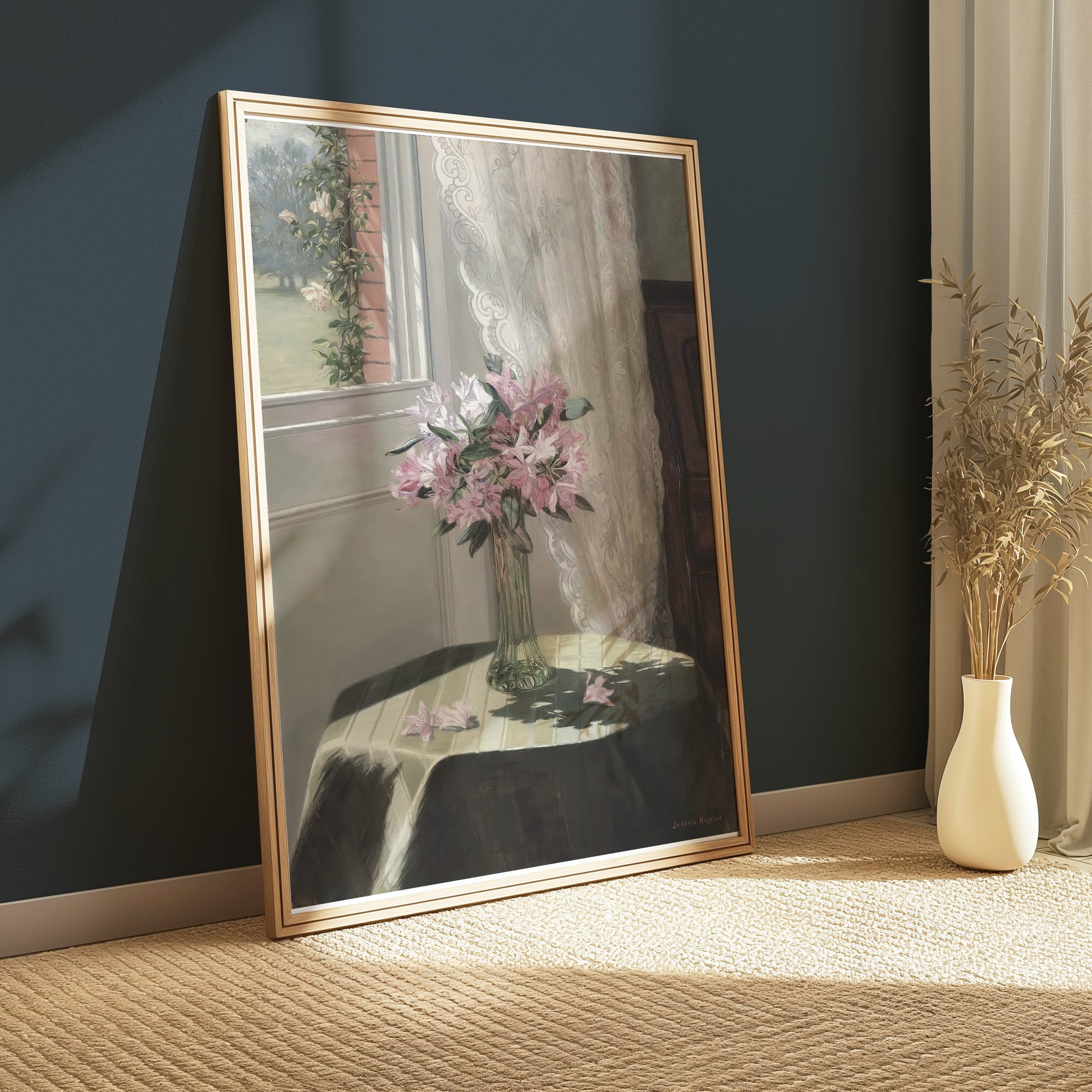 Premium Poster of Beautiful Flower Vase on Table with Floral Curtains Posters
