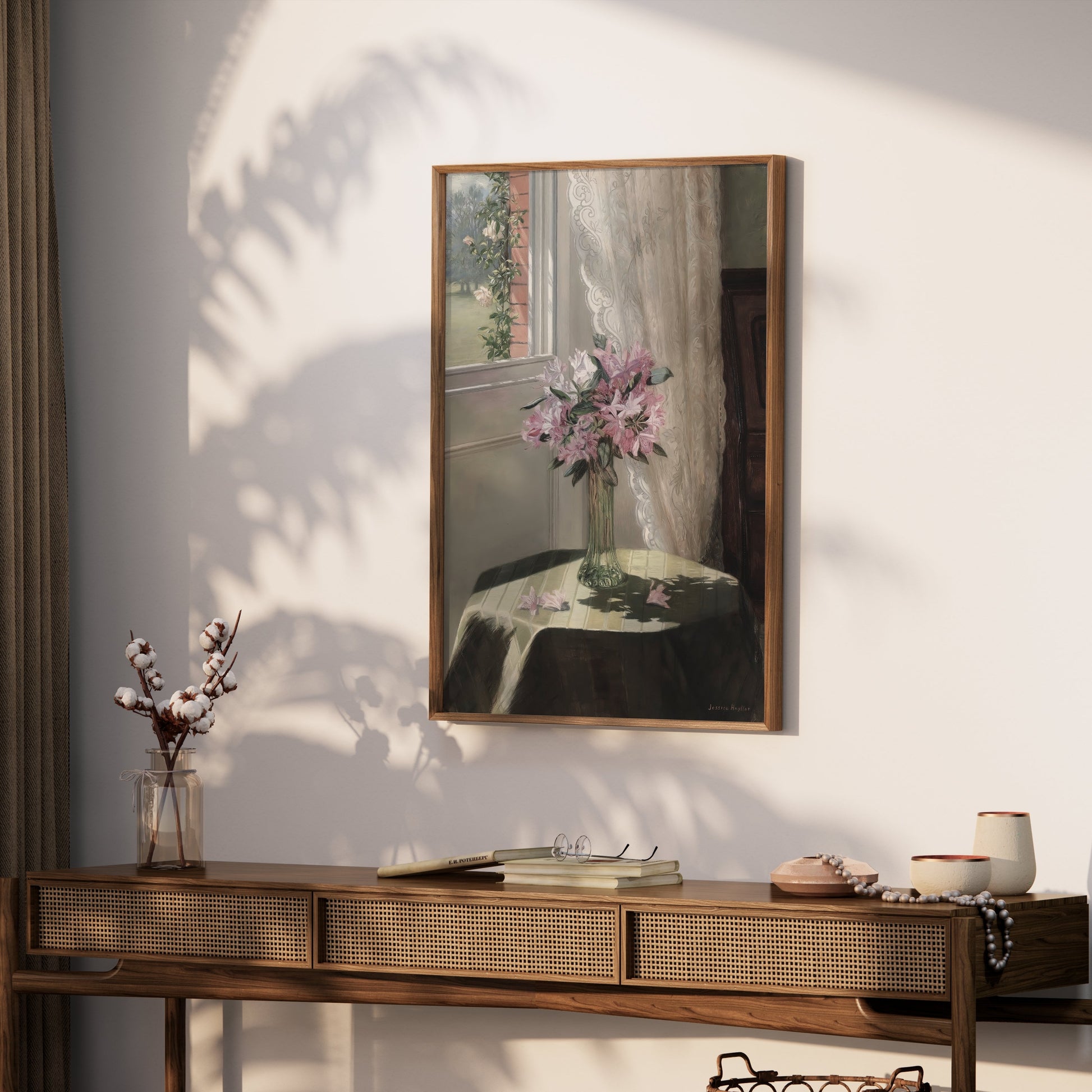 Premium Poster of Beautiful Flower Vase on Table with Floral Curtains Posters