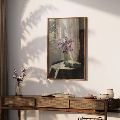 Premium Poster of Beautiful Flower Vase on Table with Floral Curtains Posters