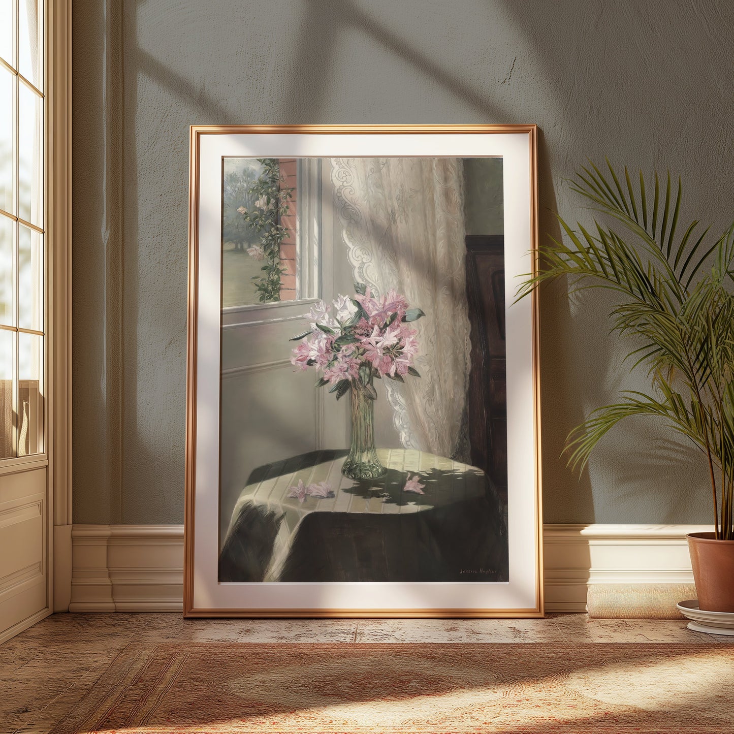 Premium Poster of Beautiful Flower Vase on Table with Floral Curtains Posters