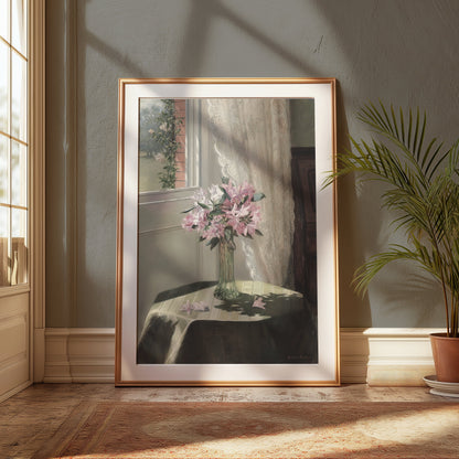 Premium Poster of Beautiful Flower Vase on Table with Floral Curtains Posters