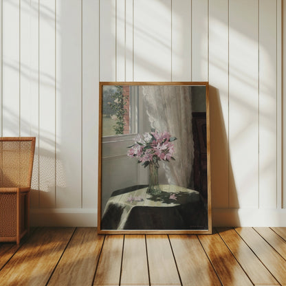 Premium Poster of Beautiful Flower Vase on Table with Floral Curtains Posters