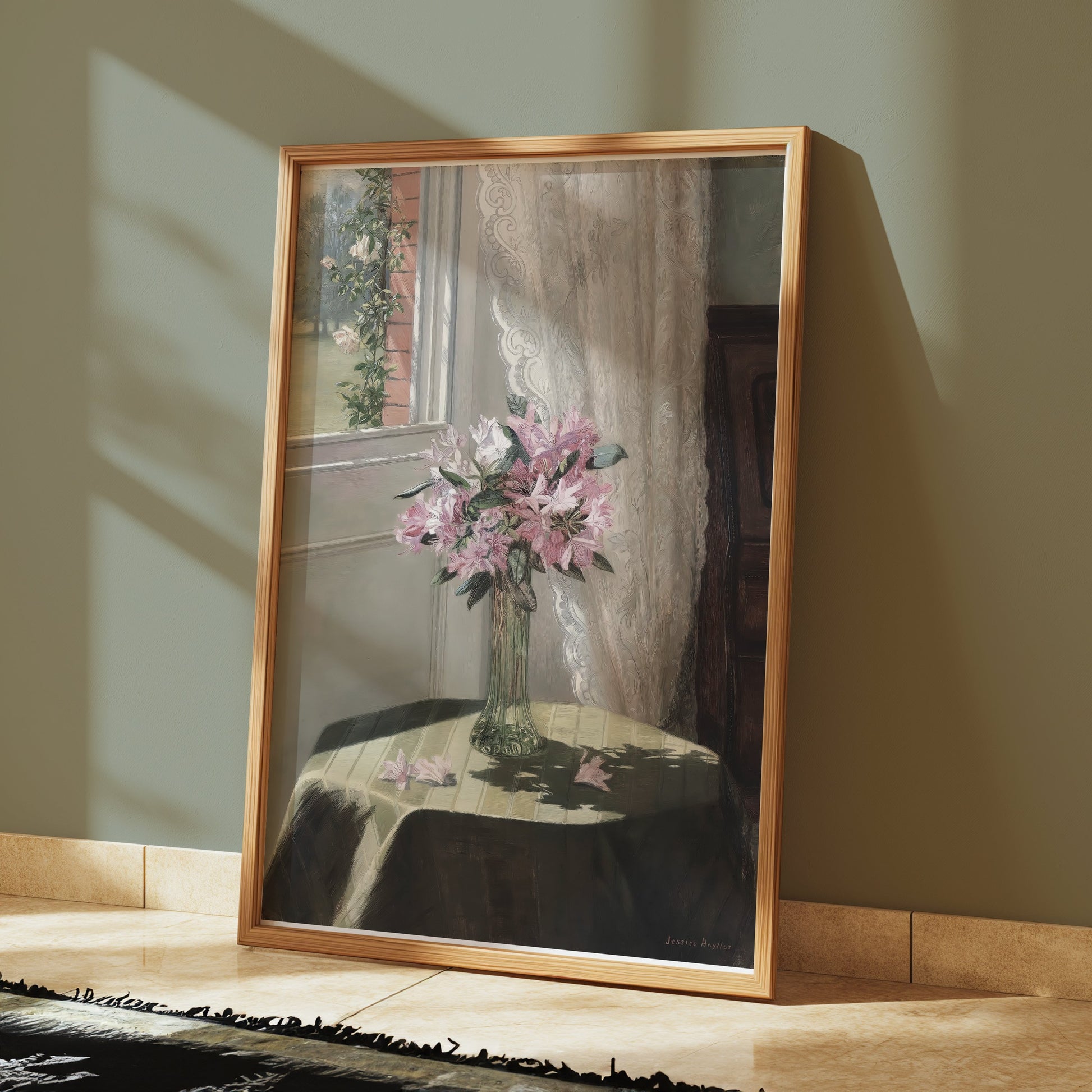 Premium Poster of Beautiful Flower Vase on Table with Floral Curtains Posters