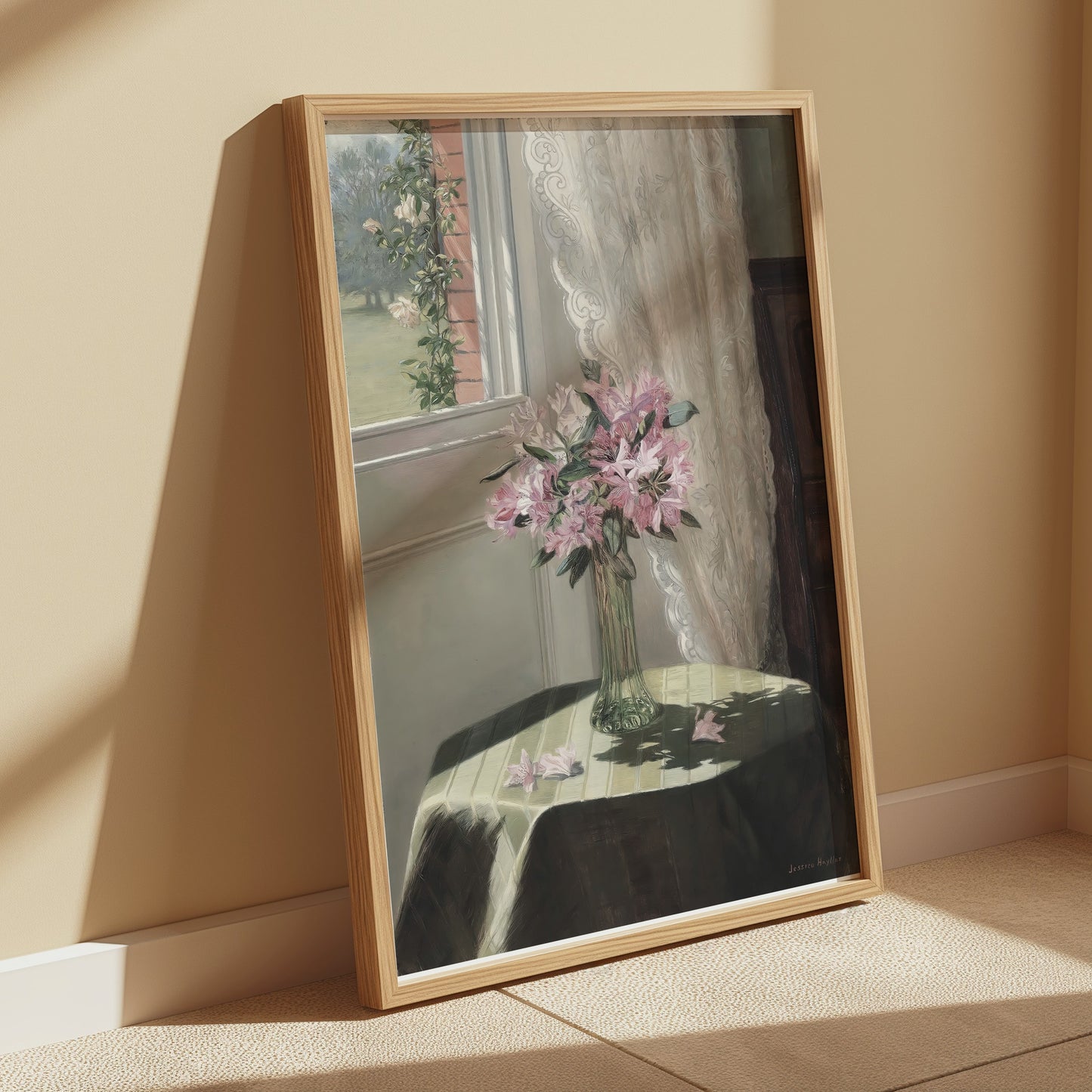 Premium Poster of Beautiful Flower Vase on Table with Floral Curtains Posters