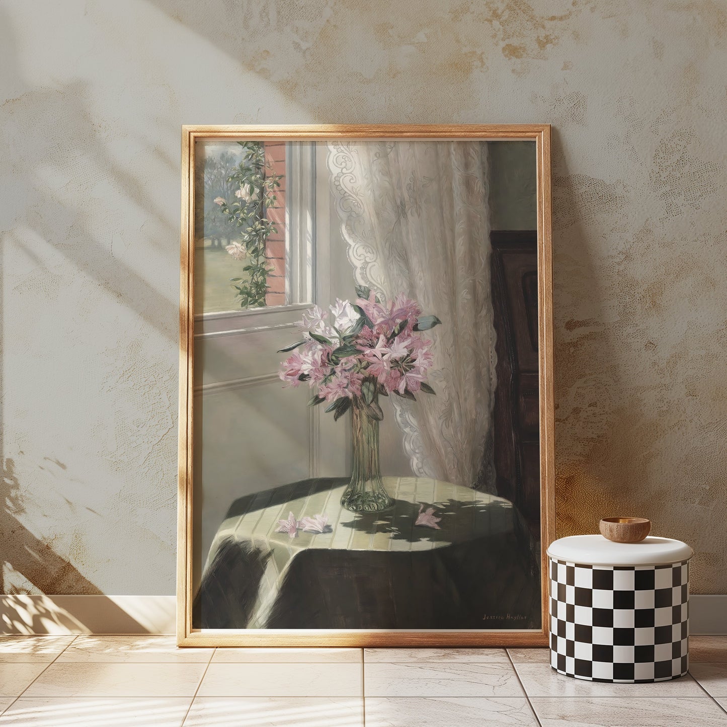 Premium Poster of Beautiful Flower Vase on Table with Floral Curtains Posters